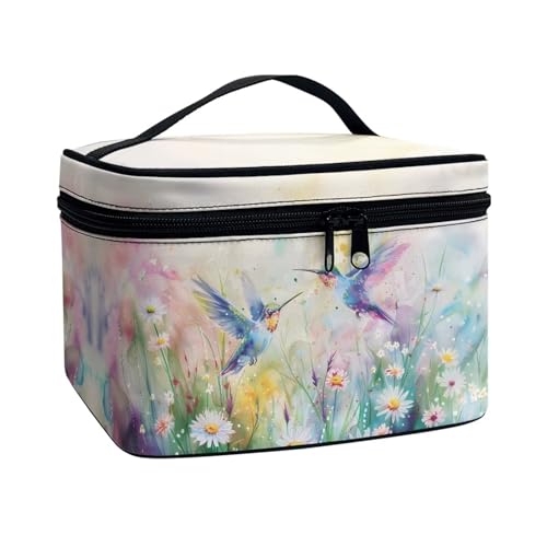 doginthehole Make-up-Tasche, Reise-Kosmetiktasche, groß, tragbar, Kulturbeutel, Organizer, Zubehörtasche für Damen und Mädchen, Ästhetische Gänseblümchen-Kolibris, Einheitsgröße von doginthehole