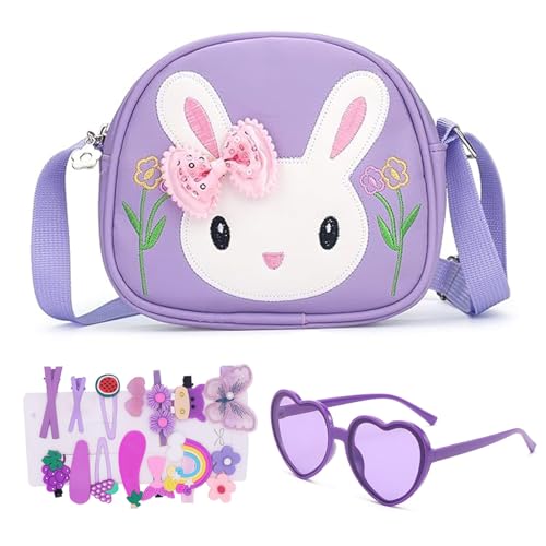 dogmoon Kleines Mädchen Kaninchen Tasche, Handtasche Mädchen mit 1 Stück Lila Brille und 14 Stück Haarklemmer, Kinder Hase Geldbörse PU Leder Prinzessin Mini Handtasche für Kinder(Lila) von dogmoon