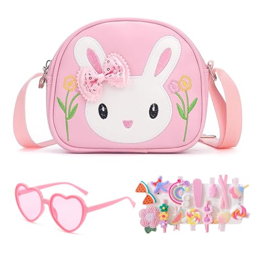 Kleines Mädchen Kaninchen Tasche, Handtasche Mädchen mit 1 Stück Rosa Brille und 14 Stück Haarklemmer, Umhängetasche Mädchen, Kinder Hase Geldbörse PU Leder Prinzessin Mini Handtasche für Kinder(Rosa) von dogmoon