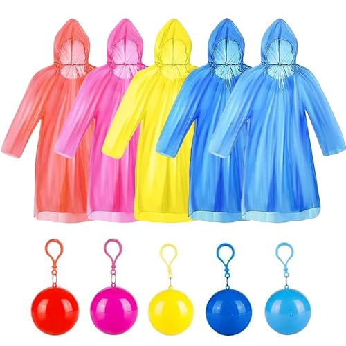 dogmoon Einweg Poncho Ball Regenponchos, 5 Stück Tragbarer Hooked Regenponcho mit Kapuze Wasserdicht, Kunststoff Regenponcho, Notfall Regenmantelball für Wanderungen Camping Reisen Freien(5 Farben) von dogmoon