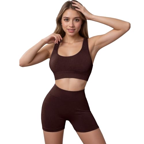 dohomiryo Damen 2-teiliges Nahtloses Trainingsanzug Laufbekleidung Fitness Kleidung Yoga Outfit Jogginganzug Set Freizeitanzug Braun M von dohomiryo