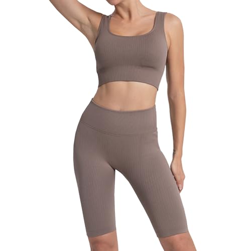 dohomiryo Damen 2-teiliges Nahtloses Trainingsanzug Sport Bra und Shorts Yoga Outfit Jogginganzug Set Freizeitanzug Braun M von dohomiryo