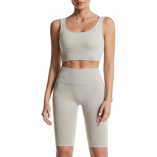dohomiryo Damen 2-teiliges Nahtloses Trainingsanzug Sport Bra und Shorts Yoga Outfit Jogginganzug Set Freizeitanzug Khaki M von dohomiryo