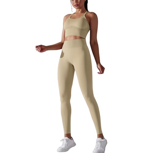 dohomiryo Damen Sportanzüge 2 Stücke Nahtlose Outfit Traingsanzug Jogginganzug Hohe Taille Leggings+Sport-BH Bekleidungssets Yoga Outfit Freizeitanzug Sportswear Beige S von dohomiryo