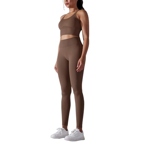 dohomiryo Damen Sportanzüge 2 Stücke Nahtlose Outfit Traingsanzug Jogginganzug Hohe Taille Leggings+Sport-BH Bekleidungssets Yoga Outfit Freizeitanzug Sportswear Braun S von dohomiryo