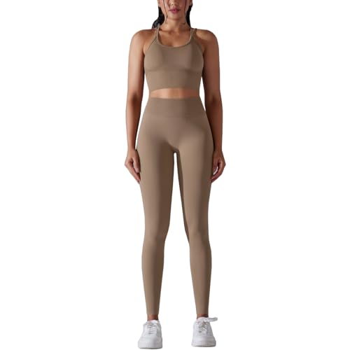 dohomiryo Damen Sportanzüge 2 Stücke Nahtlose Outfit Traingsanzug Jogginganzug Hohe Taille Leggings+Sport-BH Bekleidungssets Yoga Outfit Freizeitanzug Sportswear Khaki M von dohomiryo