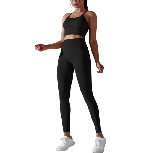 dohomiryo Damen Sportanzüge 2 Stücke Nahtlose Outfit Traingsanzug Jogginganzug Hohe Taille Leggings+Sport-BH Bekleidungssets Yoga Outfit Freizeitanzug Sportswear Schwarz M von dohomiryo