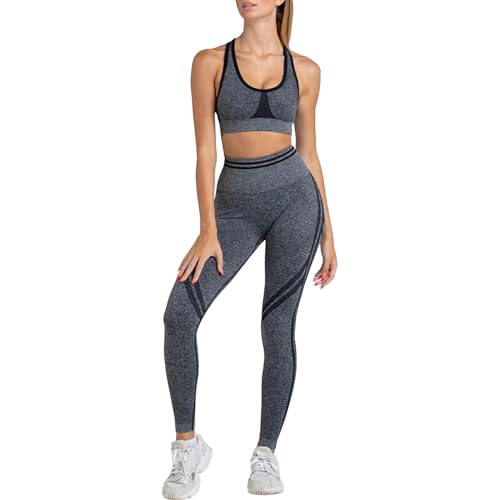 dohomiryo Damen Sportanzüge 2 Stücke Nahtlose Outfit Traingsanzug Jogginganzug Sport Bra und Leggings Bekleidungssets Yoga Outfit Freizeitanzug Sportswear Dunkelgrau M von dohomiryo