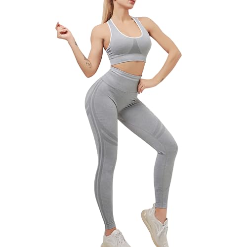 dohomiryo Damen Sportanzüge 2 Stücke Nahtlose Outfit Traingsanzug Jogginganzug Sport Bra und Leggings Bekleidungssets Yoga Outfit Freizeitanzug Sportswear Grau S von dohomiryo