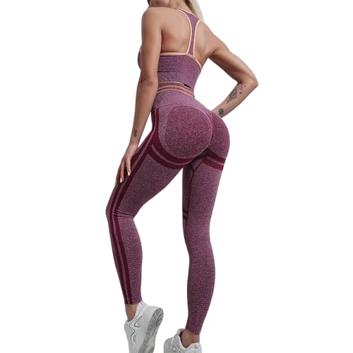 dohomiryo Damen Sportanzüge 2 Stücke Nahtlose Outfit Traingsanzug Jogginganzug Sport Bra und Leggings Bekleidungssets Yoga Outfit Freizeitanzug Sportswear Weinrot M von dohomiryo
