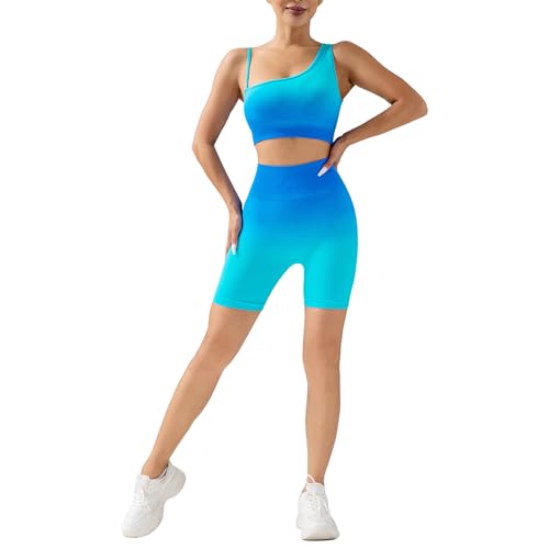 dohomiryo Damen Sportanzüge Jogginganzug Sport Sets 2 Teilig Farbverlauf Hohe Taille Leggings+Sport-BH Yoga Outfit Jogginganzug Set Freizeitanzug Blau Grün S von dohomiryo