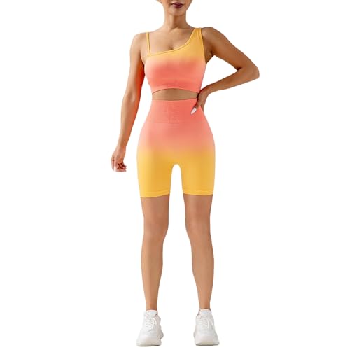 dohomiryo Damen Sportanzüge Jogginganzug Sport Sets 2 Teilig Farbverlauf Hohe Taille Leggings+Sport-BH Yoga Outfit Jogginganzug Set Freizeitanzug Gelbrosa S von dohomiryo