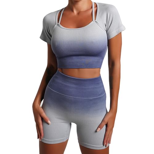 dohomiryo Damen Sportanzüge Jogginganzug Sport Sets 2 Teilig Hohe Taille Leggings+Sport-BH Farbverlauf Yoga Outfit Jogginganzug Set Freizeitanzug Graublau M von dohomiryo