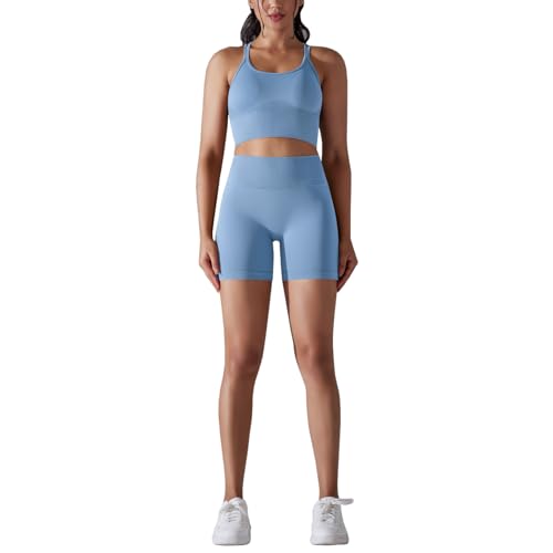 dohomiryo Damen Sportanzüge Jogginganzug Sport Sets 2 Teilig Hohe Taille Leggings+Sport-BH Yoga Outfit Jogginganzug Set Freizeitanzug Blau S von dohomiryo