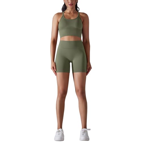 dohomiryo Damen Sportanzüge Jogginganzug Sport Sets 2 Teilig Hohe Taille Leggings+Sport-BH Yoga Outfit Jogginganzug Set Freizeitanzug Grün Grau L von dohomiryo