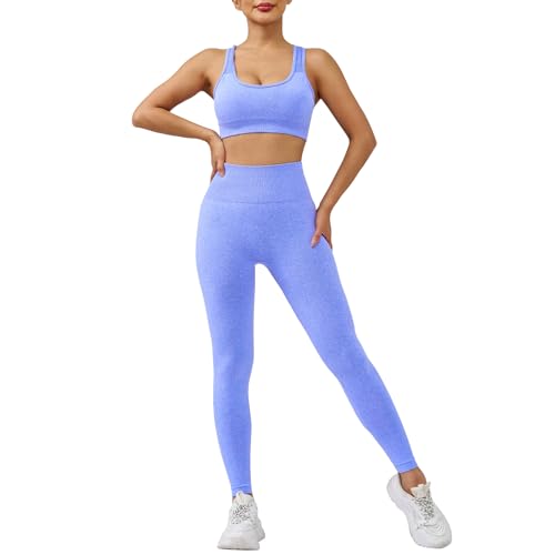 dohomiryo Damen Sportanzüge Jogginganzug Sport Sets 2 Teilig Workout Outfit Set Sport Bra und Hohe Taille Yoga Leggings Activewear Freizeitanzug Blau S von dohomiryo