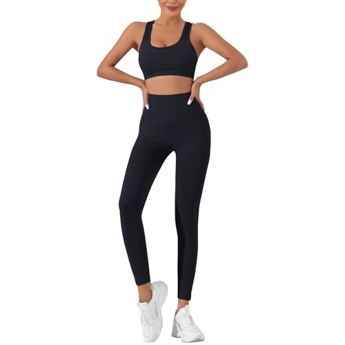 dohomiryo Damen Sportanzüge Jogginganzug Sport Sets 2 Teilig Workout Outfit Set Sport Bra und Hohe Taille Yoga Leggings Activewear Freizeitanzug Schwarz L von dohomiryo