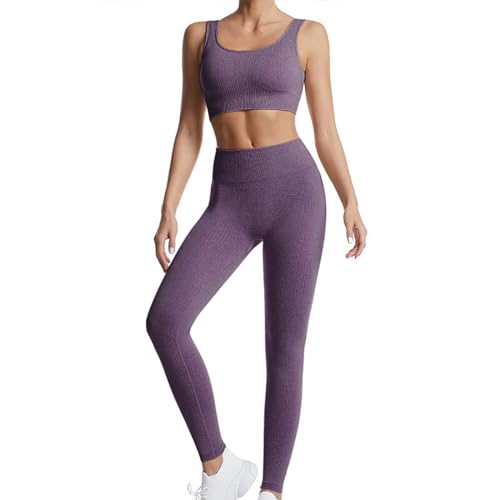 dohomiryo Damen Sportanzüge Jogginganzug Sport Sets 2 Teilig Workout Outfit Set Sport Crop Top+Hohe Taille Yoga Leggings Yoga Outfit Freizeitanzug Sportswear Dunkellila M von dohomiryo