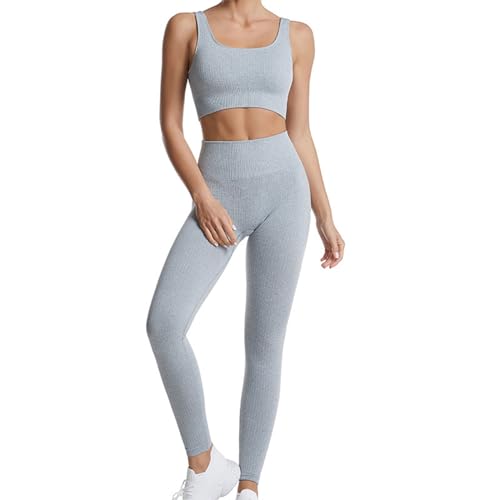 dohomiryo Damen Sportanzüge Jogginganzug Sport Sets 2 Teilig Workout Outfit Set Sport Crop Top+Hohe Taille Yoga Leggings Yoga Outfit Freizeitanzug Sportswear Grau L von dohomiryo