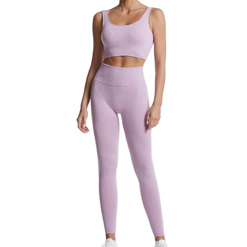 dohomiryo Damen Sportanzüge Jogginganzug Sport Sets 2 Teilig Workout Outfit Set Sport Crop Top+Hohe Taille Yoga Leggings Yoga Outfit Freizeitanzug Sportswear Helles Lila L von dohomiryo