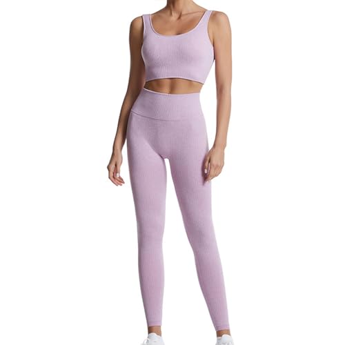 dohomiryo Damen Sportanzüge Jogginganzug Sport Sets 2 Teilig Workout Outfit Set Sport Crop Top+Hohe Taille Yoga Leggings Yoga Outfit Freizeitanzug Sportswear Helles Lila M von dohomiryo