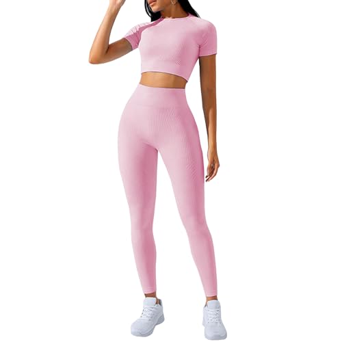 dohomiryo Damen Sportanzüge Jogginganzug Sport Sets 2 Teilig Workout Outfit Set Sport Crop Top und Hohe Taille Yoga Leggings Outfit Jogginganzug Set Freizeitanzug Rosa S von dohomiryo