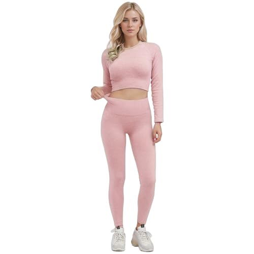 dohomiryo Damen Sportanzüge Jogginganzug Sport Sets 2 Teilig Workout Outfit Set Sport Strumpfhosen+Hohe Taille Yoga Leggings Yoga Outfit Freizeitanzug Sportswear Rosa L von dohomiryo