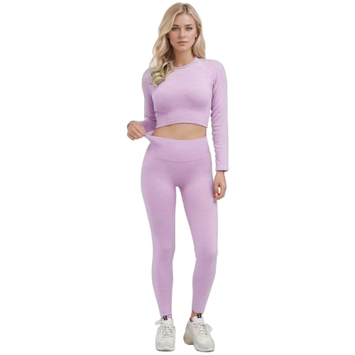 dohomiryo Damen Sportanzüge Jogginganzug Sport Sets Workout Outfit Set 2 Teilig Sport Strumpfhosen & Hohe Taille Yoga Leggings Yoga Outfit Freizeitanzug Sportswear Helles Lila L von dohomiryo