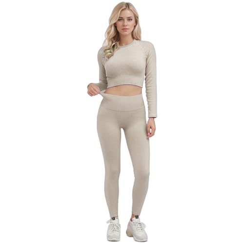 dohomiryo Damen Sportanzüge Jogginganzug Sport Sets Workout Outfit Set 2 Teilig Sport Strumpfhosen & Hohe Taille Yoga Leggings Yoga Outfit Freizeitanzug Sportswear Khaki S von dohomiryo