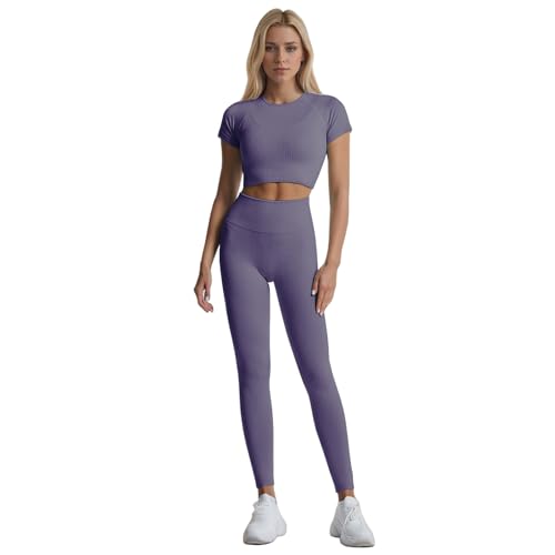 dohomiryo Damen Sportanzug Jogginganzug Sport Sets 2 Teilig Workout Outfit Set Sport Crop Top+Hohe Taille Yoga Leggings Fitness Bekleidungsset Dunkellila S von dohomiryo