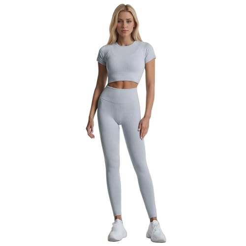 dohomiryo Damen Sportanzug Jogginganzug Sport Sets 2 Teilig Workout Outfit Set Sport Crop Top+Hohe Taille Yoga Leggings Fitness Bekleidungsset Grau M von dohomiryo