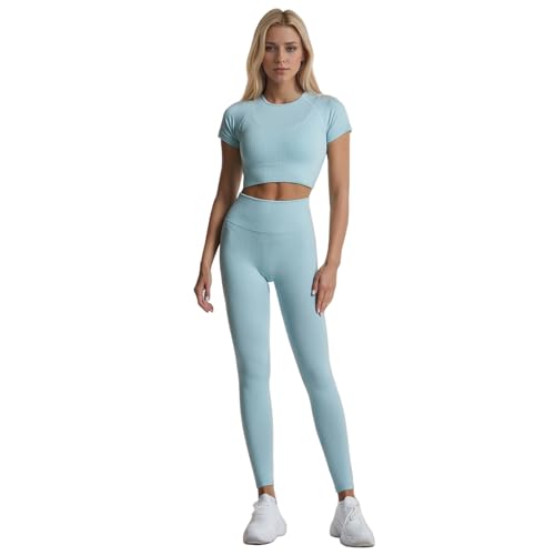 dohomiryo Damen Sportanzug Jogginganzug Sport Sets 2 Teilig Workout Outfit Set Sport Crop Top+Hohe Taille Yoga Leggings Fitness Bekleidungsset Hellblau L von dohomiryo