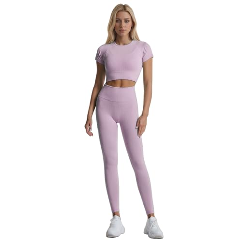 dohomiryo Damen Sportanzug Jogginganzug Sport Sets 2 Teilig Workout Outfit Set Sport Crop Top+Hohe Taille Yoga Leggings Fitness Bekleidungsset Helles Lila L von dohomiryo