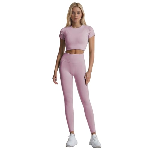 dohomiryo Damen Sportanzug Jogginganzug Sport Sets 2 Teilig Workout Outfit Set Sport Crop Top+Hohe Taille Yoga Leggings Fitness Bekleidungsset Hellrot S von dohomiryo