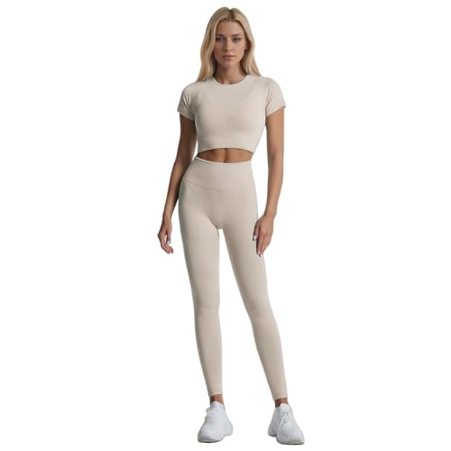 dohomiryo Damen Sportanzug Jogginganzug Sport Sets 2 Teilig Workout Outfit Set Sport Crop Top+Hohe Taille Yoga Leggings Fitness Bekleidungsset Khaki L von dohomiryo