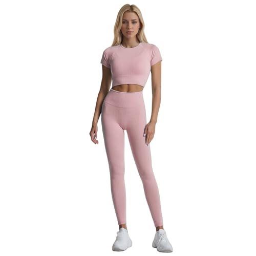 dohomiryo Damen Sportanzug Jogginganzug Sport Sets 2 Teilig Workout Outfit Set Sport Crop Top+Hohe Taille Yoga Leggings Fitness Bekleidungsset Rosa S von dohomiryo