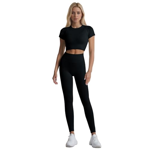 dohomiryo Damen Sportanzug Jogginganzug Sport Sets 2 Teilig Workout Outfit Set Sport Crop Top+Hohe Taille Yoga Leggings Fitness Bekleidungsset Schwarz L von dohomiryo