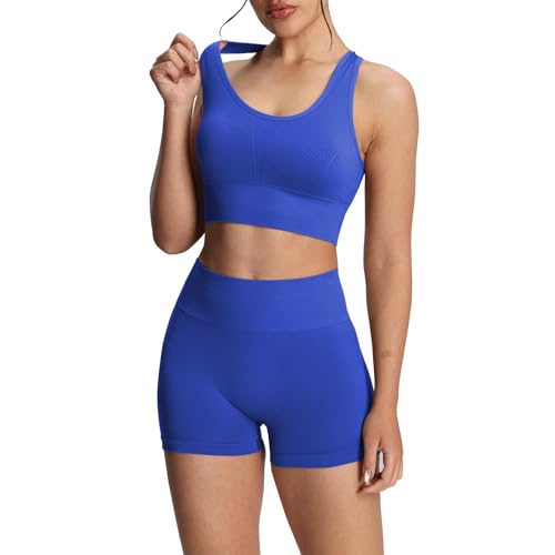 dohomiryo Damen Traingsanzug Sport Sets Sport Bra und Shorts Nahtlose 2 Stücke Bekleidungssets Yoga Outfit Jogginganzug Set Freizeitanzug Blau M von dohomiryo