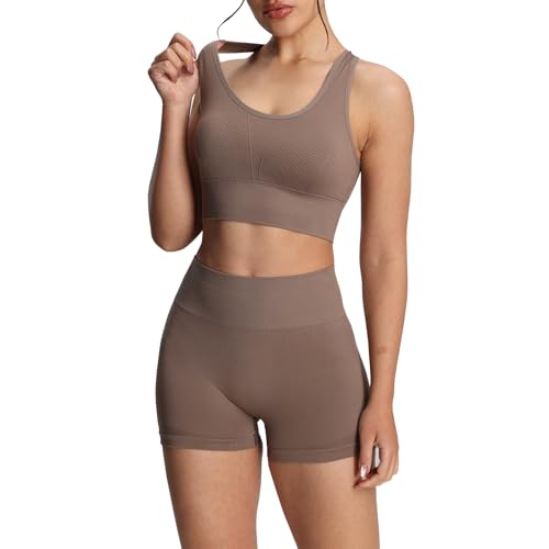 dohomiryo Damen Traingsanzug Sport Sets Sport Bra und Shorts Nahtlose 2 Stücke Bekleidungssets Yoga Outfit Jogginganzug Set Freizeitanzug Braun M von dohomiryo