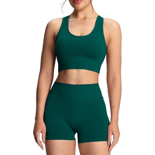 dohomiryo Damen Traingsanzug Sport Sets Sport Bra und Shorts Nahtlose 2 Stücke Bekleidungssets Yoga Outfit Jogginganzug Set Freizeitanzug Dunkelgrün M von dohomiryo