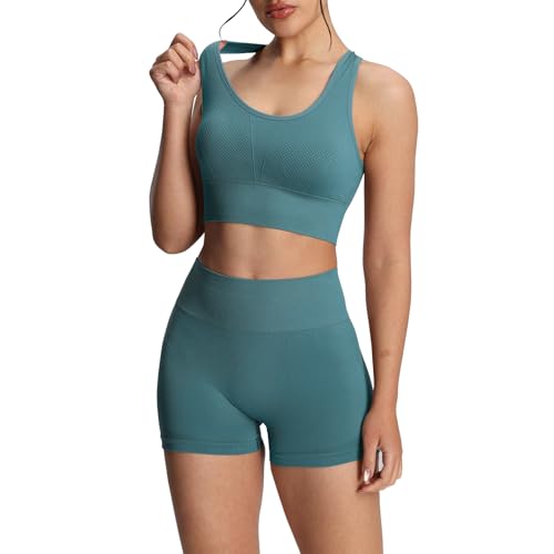 dohomiryo Damen Traingsanzug Sport Sets Sport Bra und Shorts Nahtlose 2 Stücke Bekleidungssets Yoga Outfit Jogginganzug Set Freizeitanzug Grün S von dohomiryo
