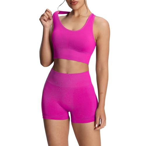 dohomiryo Damen Traingsanzug Sport Sets Sport Bra und Shorts Nahtlose 2 Stücke Bekleidungssets Yoga Outfit Jogginganzug Set Freizeitanzug Lilarot M von dohomiryo