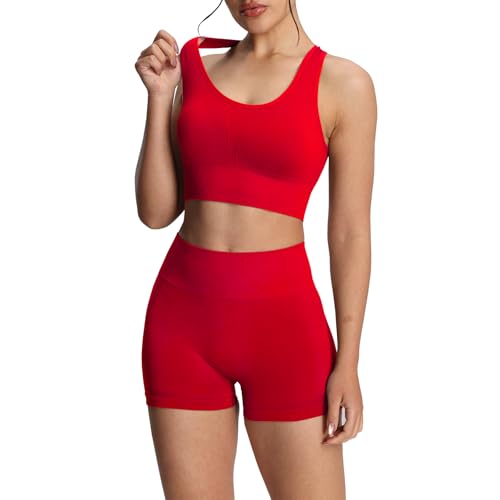 dohomiryo Damen Traingsanzug Sport Sets Sport Bra und Shorts Nahtlose 2 Stücke Bekleidungssets Yoga Outfit Jogginganzug Set Freizeitanzug Rot M von dohomiryo