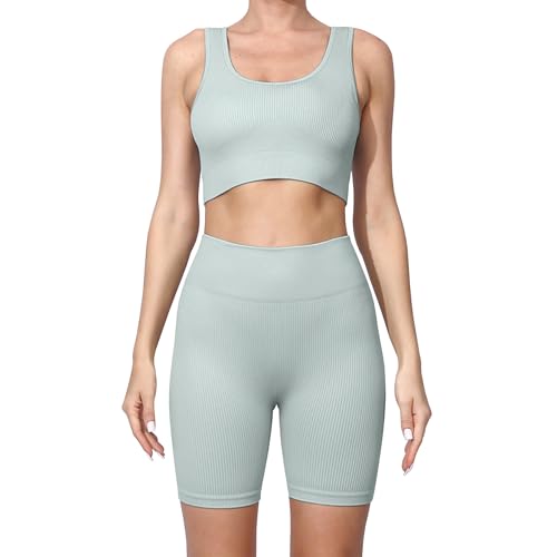 dohomiryo Damen Traingsanzug Sport Sets Sport Top und Shorts Nahtlose 2 Stücke Bekleidungssets Yoga Outfit Jogginganzug Set Freizeitanzug Mintgrün M von dohomiryo
