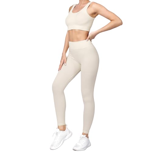 dohomiryo Damen Traingsanzug Sport Sets Sport Top und hohe Taille Hosen 2 Stücke Bekleidungssets Yoga Outfit Jogginganzug Set Freizeitanzug Cremeweiß L von dohomiryo