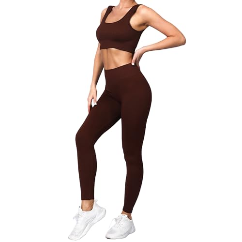 dohomiryo Damen Traingsanzug Sport Sets Sport Top und hohe Taille Hosen 2 Stücke Bekleidungssets Yoga Outfit Jogginganzug Set Freizeitanzug Dunkelbraun S von dohomiryo