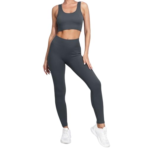 dohomiryo Damen Traingsanzug Sport Sets Sport Top und hohe Taille Hosen 2 Stücke Bekleidungssets Yoga Outfit Jogginganzug Set Freizeitanzug Grau M von dohomiryo