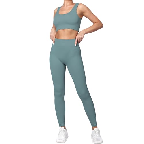 dohomiryo Damen Traingsanzug Sport Sets Sport Top und hohe Taille Hosen 2 Stücke Bekleidungssets Yoga Outfit Jogginganzug Set Freizeitanzug Graublau L von dohomiryo