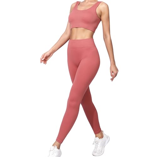 dohomiryo Damen Traingsanzug Sport Sets Sport Top und hohe Taille Hosen 2 Stücke Bekleidungssets Yoga Outfit Jogginganzug Set Freizeitanzug Hellrot L von dohomiryo