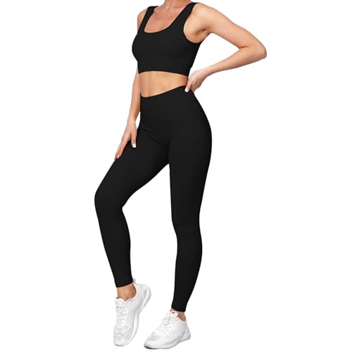 dohomiryo Damen Traingsanzug Sport Sets Sport Top und hohe Taille Hosen 2 Stücke Bekleidungssets Yoga Outfit Jogginganzug Set Freizeitanzug Schwarz S von dohomiryo